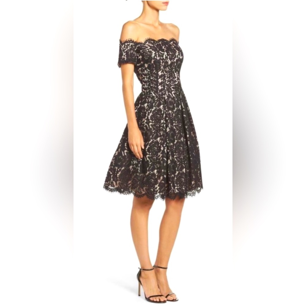 Eliza J. Off Shoulder Fit & Flare Pleated A-line Black Eyelash Lace Over Nude
